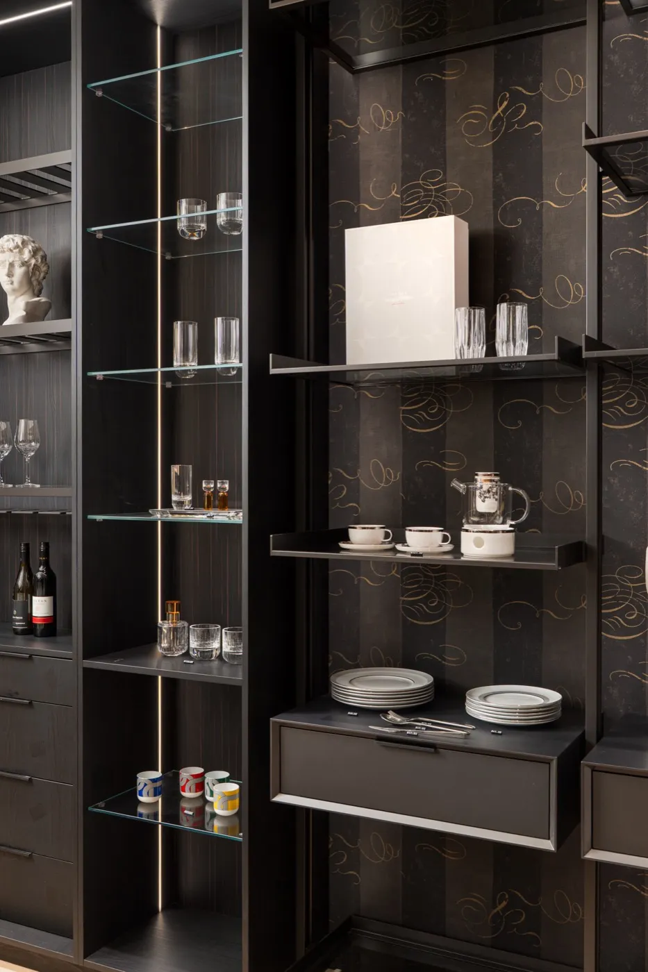 Styled display shelving with glassware
